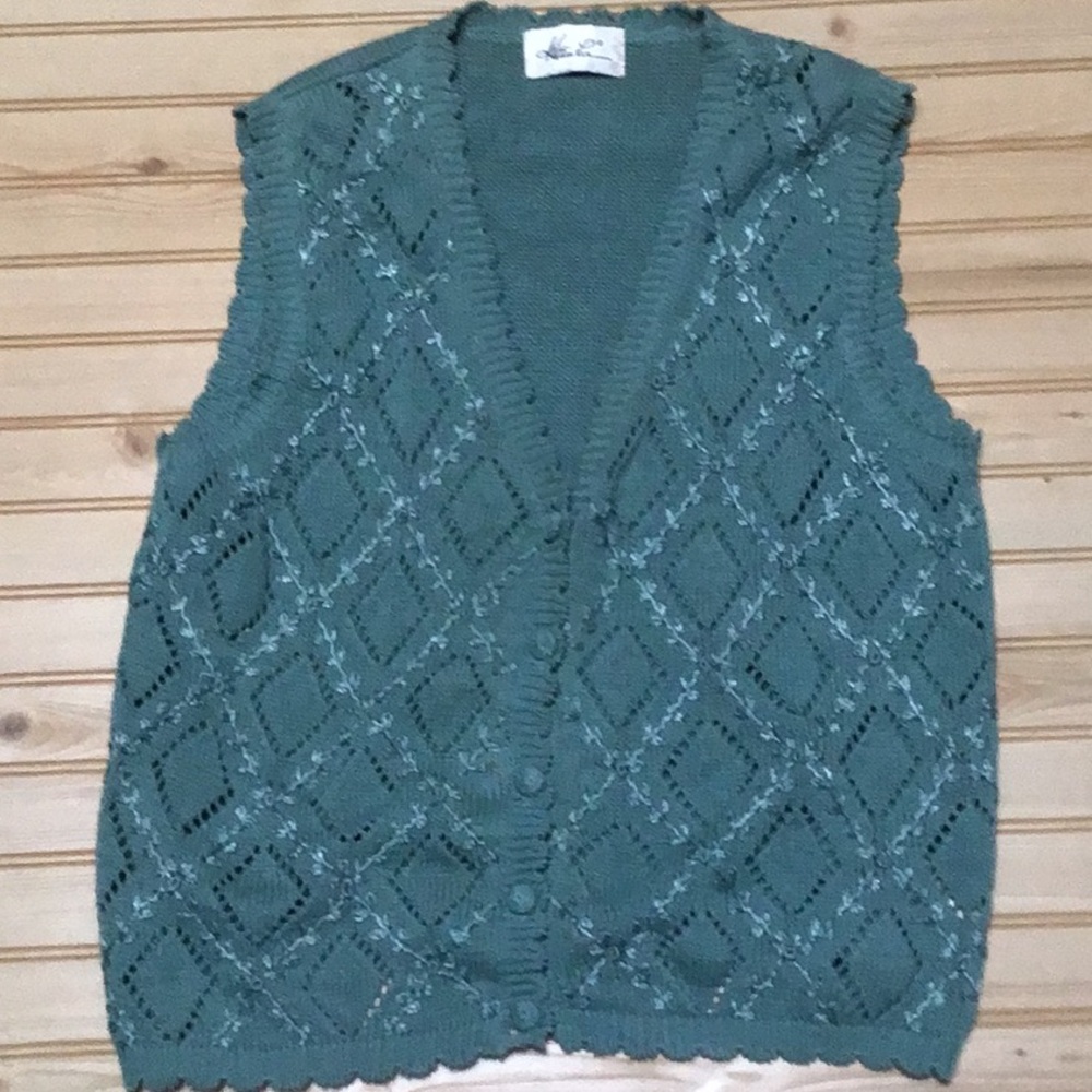 Vintage Kathie Lee Embroidered Pointelle Lace Knit Button Front Vest Teacher